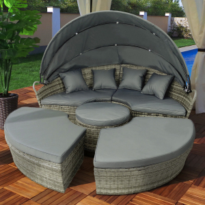 LED Sonneninsel Polyrattan Gartenliege XXL 210cm Grau