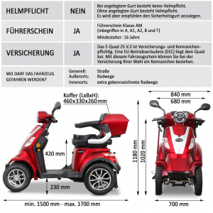 Rolektro E-Quad 25 V.2, Rot, Bleigel Akkus, 1000 Watt, 25 km/h