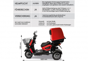 Rolektro E-Carrier 25 V.3 Lithium, Rot, mit XXL-Koffer, 25 km/h, 1000 Watt