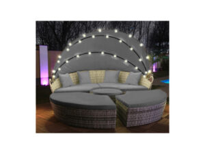LED Sonneninsel Polyrattan Gartenliege XXL 210cm Grau